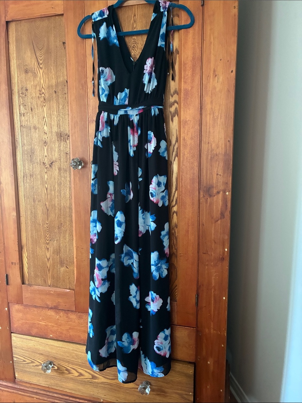 Black Floral Maxi Dress with Blue & Pink Blooms